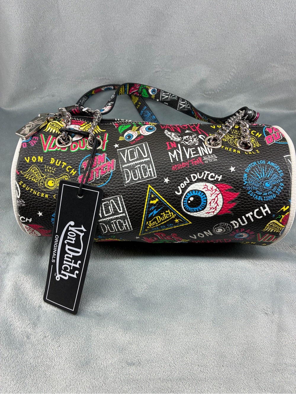 Von Dutch Black Multicolor Logo Barrel Mini Bag